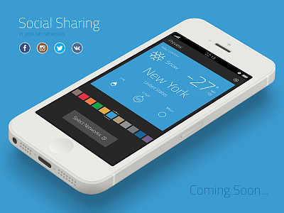 Social sharing in popular networks (Coming Soon...) app apple application appstore available color coloristica colors design facebook flat forecast instagram itunes ow oweather share sharing social twitter ui vkontakte weather