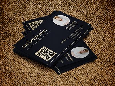 mr. benjamin - Local Hairstylist Business Card Design barber busines card business card classic dark dark blue design elegant golden graphic hairstylist logo app photo app qr stylish