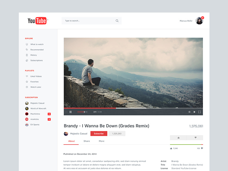 YouTube Redesign II design ui ux youtube google material concept redesign relaunch clean simple minimal
