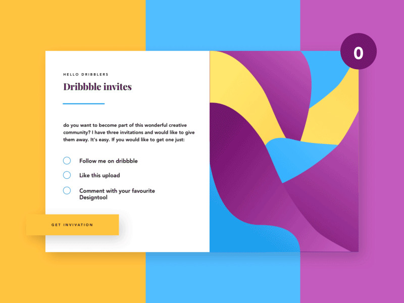 3 dribble invites for you 💜💛💙 animation app daily ui challenge dailyui design colors flat gradient illustration invitation invite invite3 invites minimal popup ui ux vector webdesign
