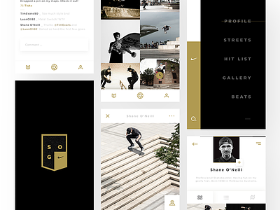 Nike SB - Streets of Gold app design black gold native app nike nike sb skateboarding ui uiux