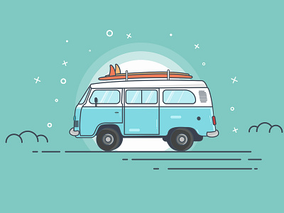 Blue van beach camp icon illustrator logo summer surfing teal van