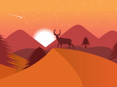 Sunset deer illustation landscape orange stars sunset