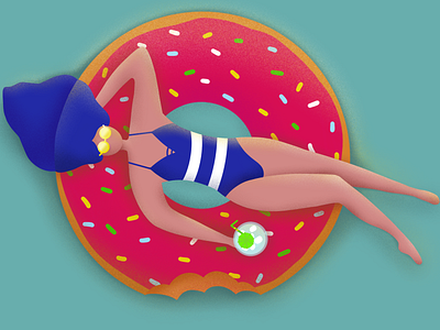 Girl Laying on a Doughnut agency chill creative design doughnut drawing etheric fashion girl illustration minimal procreate shadows sport sunbathing sweet swimming tan web woman