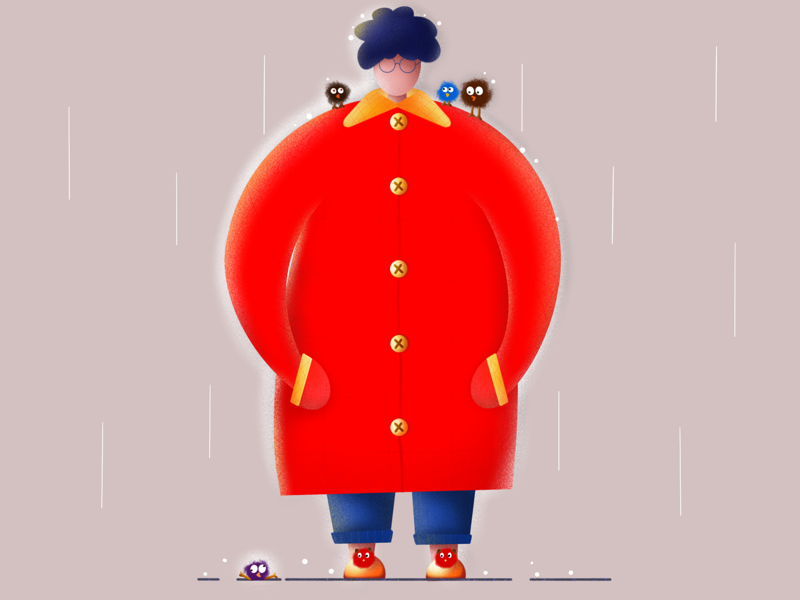 Rain raincoat walking walk stranger man birds bird cold rain weather etheric procreate illustration