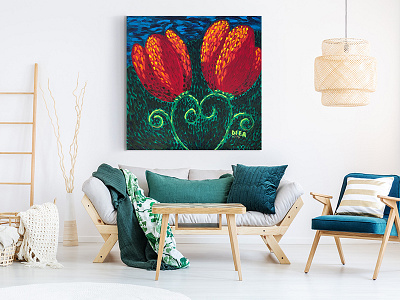 Tulips in living room acrylics illustration love lovers painting