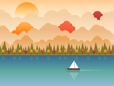 Autumn on the Lake autumn boat fall illustration lake landscape sailboat sun trees vectober