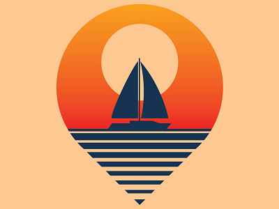 Sailing drop pin illustration ocean sail boat sailing sun sunset water