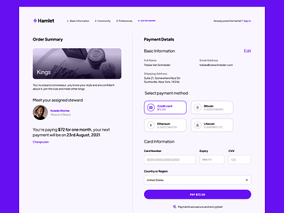 Hamlet – Checkout / XPLRTN 004 beard bitcoin cart checkout checkout flow checkout process community credit card crypto cryptocurrency ethereum form grooming men minimalist payment purple typography ui ux