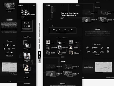 Outpour Event Landing Page black countdown dark dark background event landing page mic minimal minimalist partners poet poetry spoken word sponsors stage