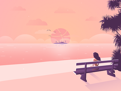 Tropical Sunrise beach girl illustration island landscape sceneary sea sunrise tropical vector