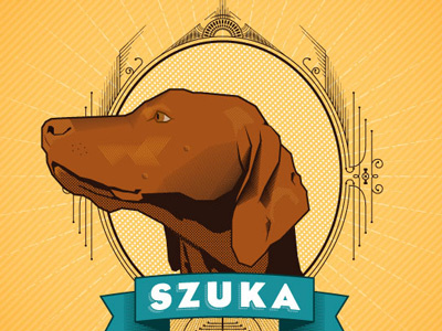 Szuka Portrait dog orange ornaments teal