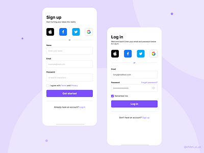 Sign up & Log in pages | Mobile UI chilsri figma log in page login mobile mobile app mobile ui sign up page signin signup sketch ui ui ux ux xd