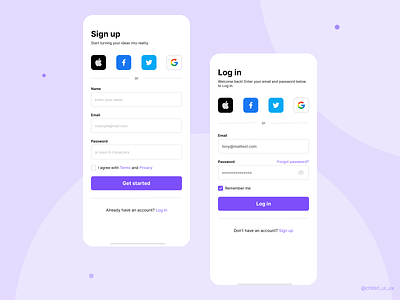 Sign up & Log in pages | Mobile UI chilsri figma log in page login mobile mobile app mobile ui sign up page signin signup sketch ui ui ux ux xd