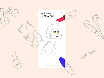 Glow Girl - Splash Screen app illustration app screen blue brushes color palette colours cosmetic design eyelashes girl character girl illustration illustraion lipstick mascara mobile ui modern nailpolish perfume splashscreen