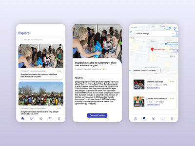 Clothes Donation 1 app design app illustration app screen blue clothes donation design details page donation feeds home page icons illustration location map search ui