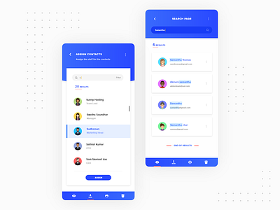 Search and Assign contacts screen adobe blue concept creative design flat illustration ios iphone x mobile mobile app mobile app design mobile ui red search search bar search results typography ui ux