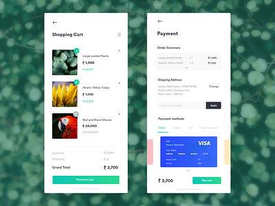 Cart and Payment page adobe blue cart concept design ecommerce ecommerce app ecommerce design iphone x mobile mobile app mobile app design mobile ui payment pets plants red simple ui ux