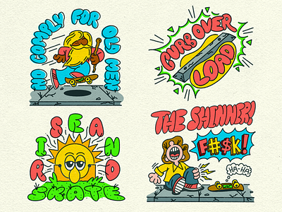 Skateboarding Stickers Round 2 curb design doodle fun illustration no comply old man rise and shine skateboarding sun