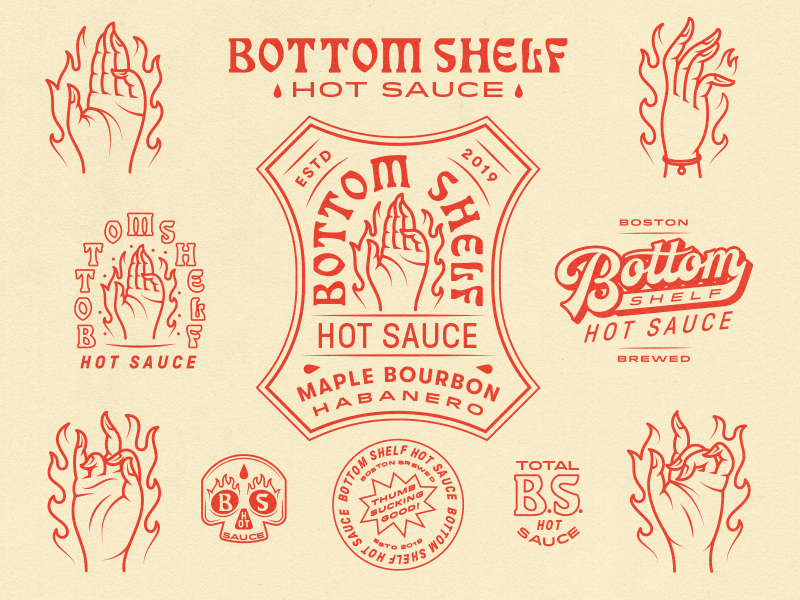Bottom Shelf label typography vector hot burning boston skull hands hot sauce lettering logo illustration fun