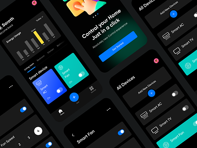 Smart app mobile UI screens Dark theme