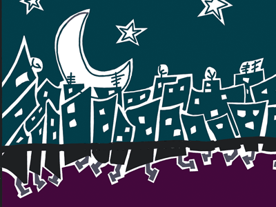 In The City buildings city illustration moon night stars