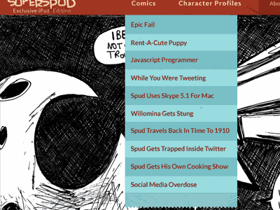 Simple iPad optimized web comic black blue list nav navigation red white