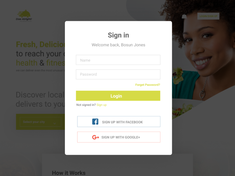 Dae Alright! Sign in Page design restaurant delivery food and drink sign in page sign in form sign in