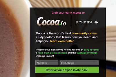 Cocoa: Fun, Social Studying — Signup page cocoa collaborative study games education learning signup social network splash page study games studying