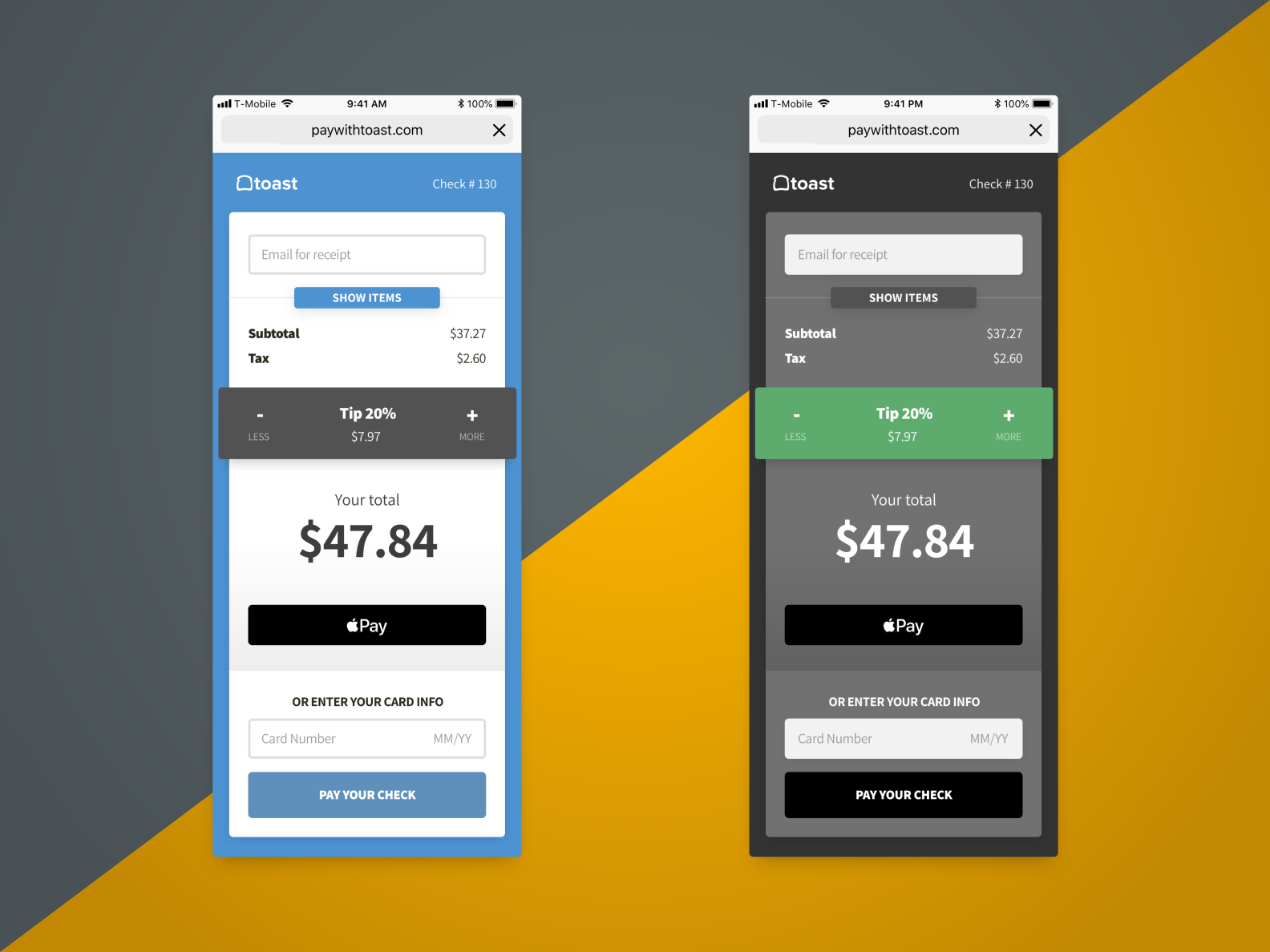 Pay With Toast Light and Dark Mode by Toshit Panigrahi on Dribbble