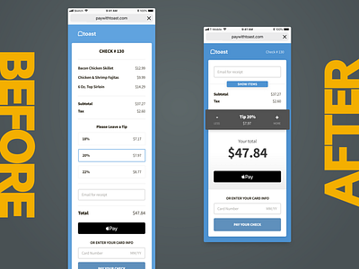 Pay With Toast - Before and After Iteration before and after checkout clean design iteration mobile research tip ui