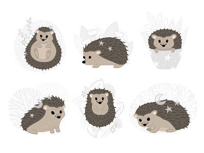 hedgehogs animal bush cartoon character childish design flower graphic illustration nature twig vector