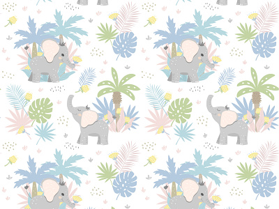 Pattern with elephants baby cartoon character childish design flat flower graphic illustration jungle leaf nature palm pattern vector