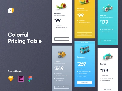 Colorful Pricing Table colorful creative design element flat icon minimal pricing table ui ui design uicub uiux ux web website