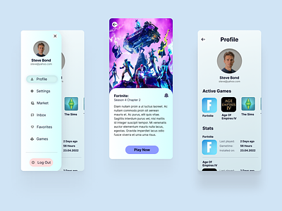 Gaming Hub app design card design icons light menu mobile app profile screen ui user interface ux ux design web app