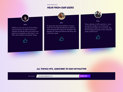 NFT Marketplace Testimonial Section card ui desktop gradient landing page newsletter purple testimonials ui design ux web design website