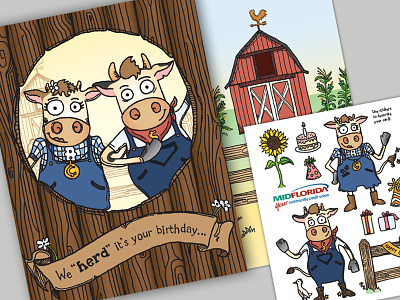 MIDFLORIDA Cashcows Birthday Card & Sticker Sheet barnyard campaign character development childrens cows drawing illustration pen and ink whimsical