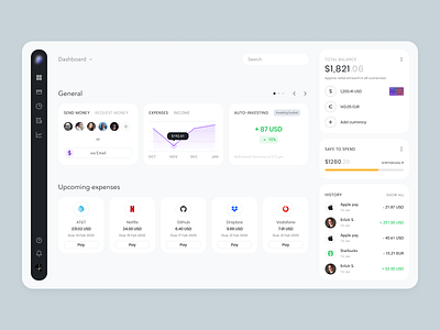 Fintech dashboard balance bank banking dashoard expenses finance fintech fintech app history money spending subtle ui