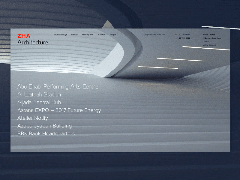 ZHA category page architect background concept interface minimal screen ui ux zaha zha