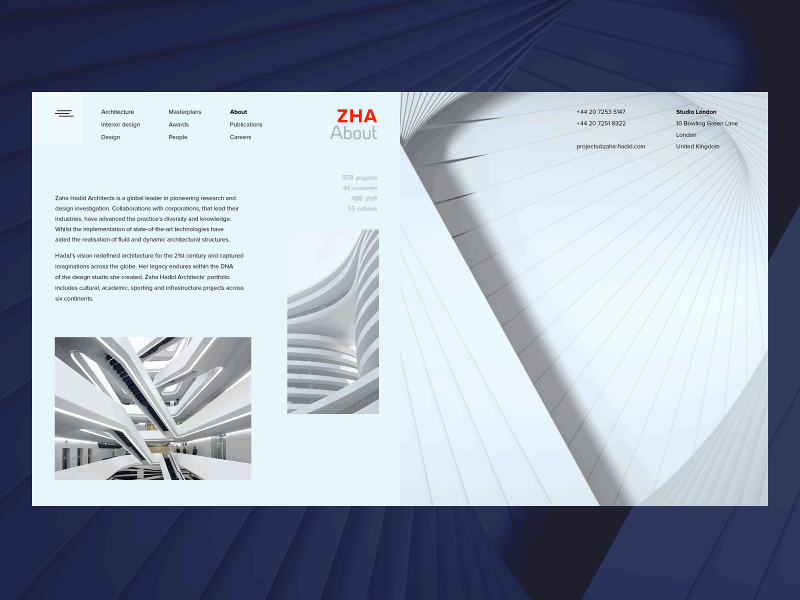 ZHA about page animation about architect background concept minimal motion screen transition ui web zaha zha