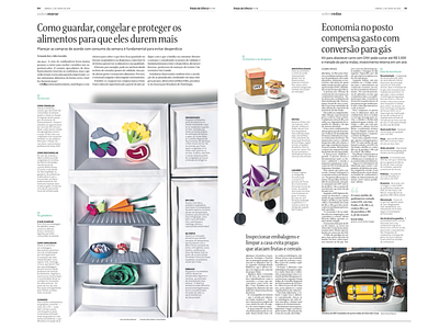 Refrigerator 2 fruits illustration newspaper paper sculptures vegetables