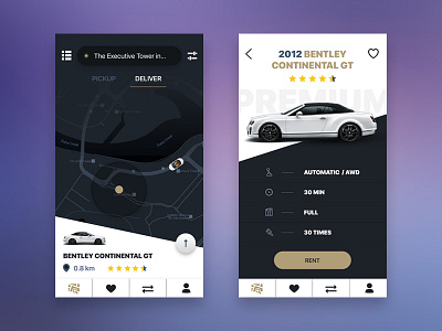 Exclusive car rental app bentley car gold map mobile psd rental ui ux