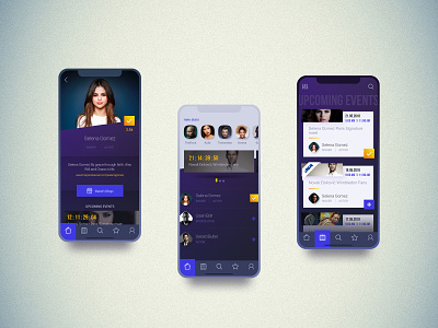 Penkala app app celebrity events feed list menu mobile photoshop profile purple search social ui uiux yellow