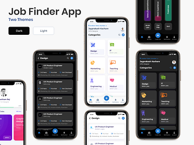 Job Finder App Concept appdesign blog catagries clean create darktheme design designoweb designs filter grid jobfinder jobs jobseeker lighttheme listing process ui uiux ux