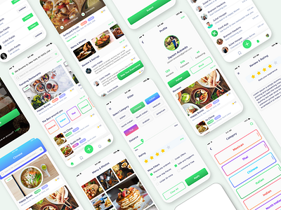 Food Delivery App Ui Kit adobe adobexd app app design application cake cart catagory designoweb foodapp green greens light menu notifcations profile restaurant uiux