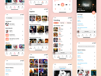 Music App Concept adobe adobexd album application design designoweb explore lighttheme music app playlist search setting songs trending ui uiux ux vector