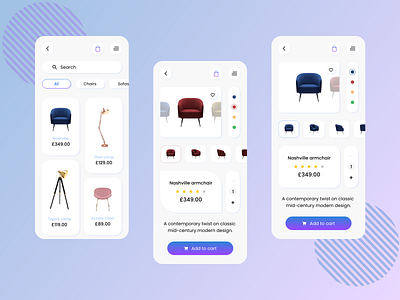 Furniture App UI-E-commerce add to cart app app design blue cart creative design designoweb e commerce design e commerce shop furniture modern design product texture trend ui ui design uiux ux