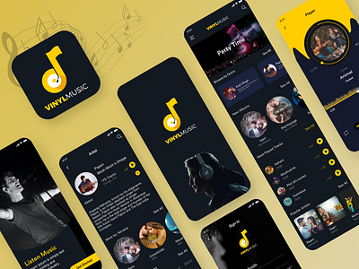 Classy Music App Ui artist clean clean design creative dark dark theme design designoweb illustration logo musicapp photoshop player playlist uiux ux yellow