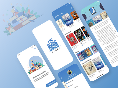 Book store Application UI blue bookapp booklet categories chats clean clean design clean ui creative design designowebtechnologies illustrations logo notification orders profiles simple design store ui ux