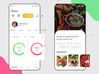 Fitness App bpm calories colors design designoweb designowebtechnologies fitness food fruits gym nutrition photoshop ui ux workout